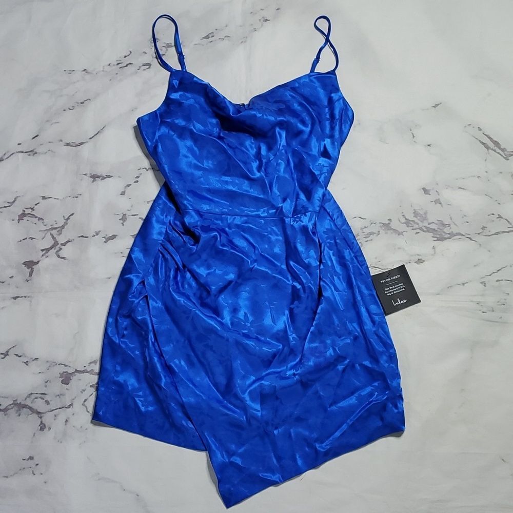 LuLus Blue Satin Cowl Neck Faux Wrap Mini Dress